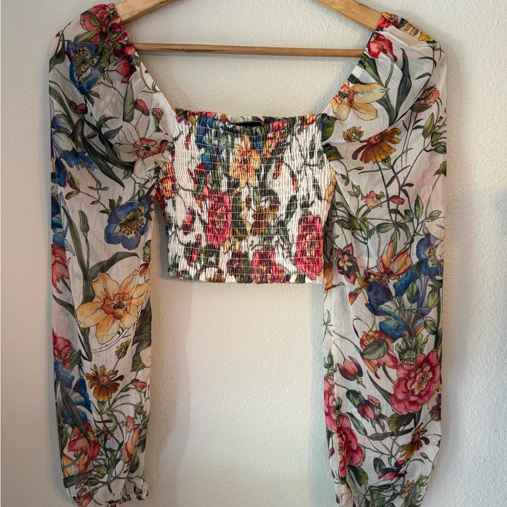 Shore Floral Crop Top Smocked Blouse with Sheer Sleeves Size S